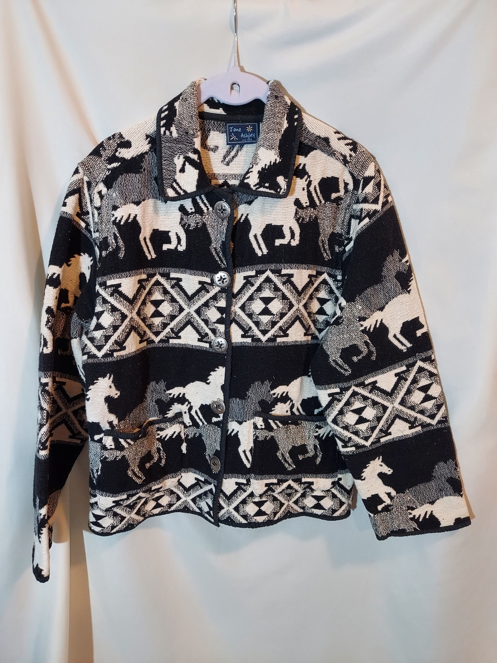 Vintage Jane Ashley Horse Tapestry Jacket Black White Southwestern Cotton M